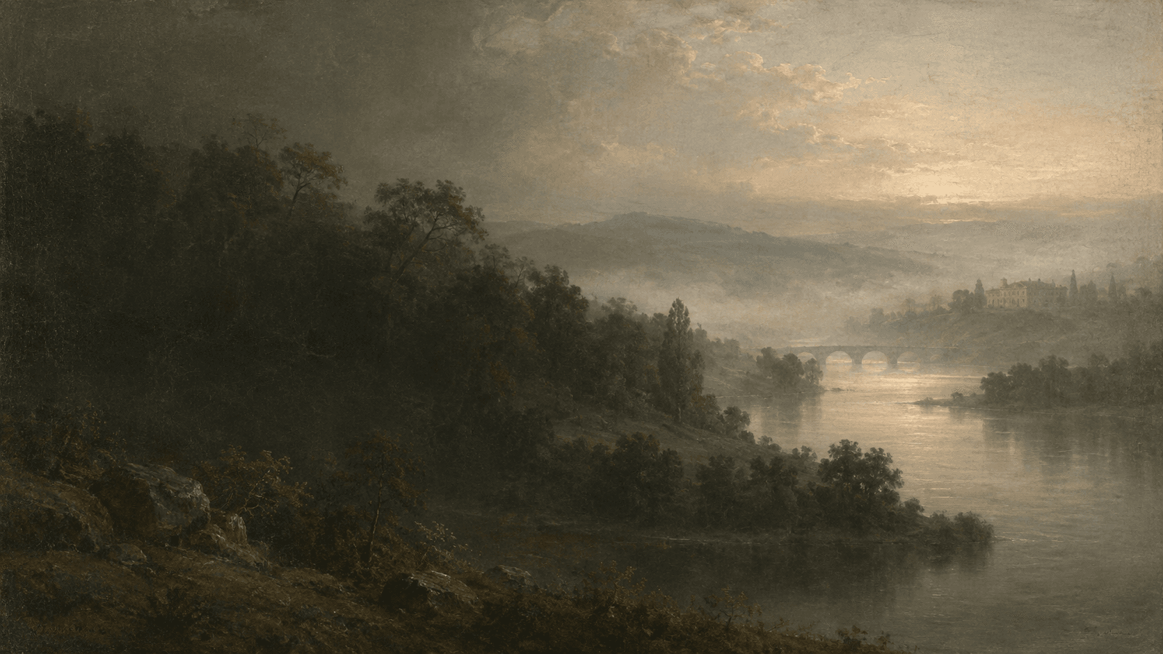 Atmosphärisches Landschaftsgemälde mit nebligem Flusstal und einer Steinbrücke in der Ferne